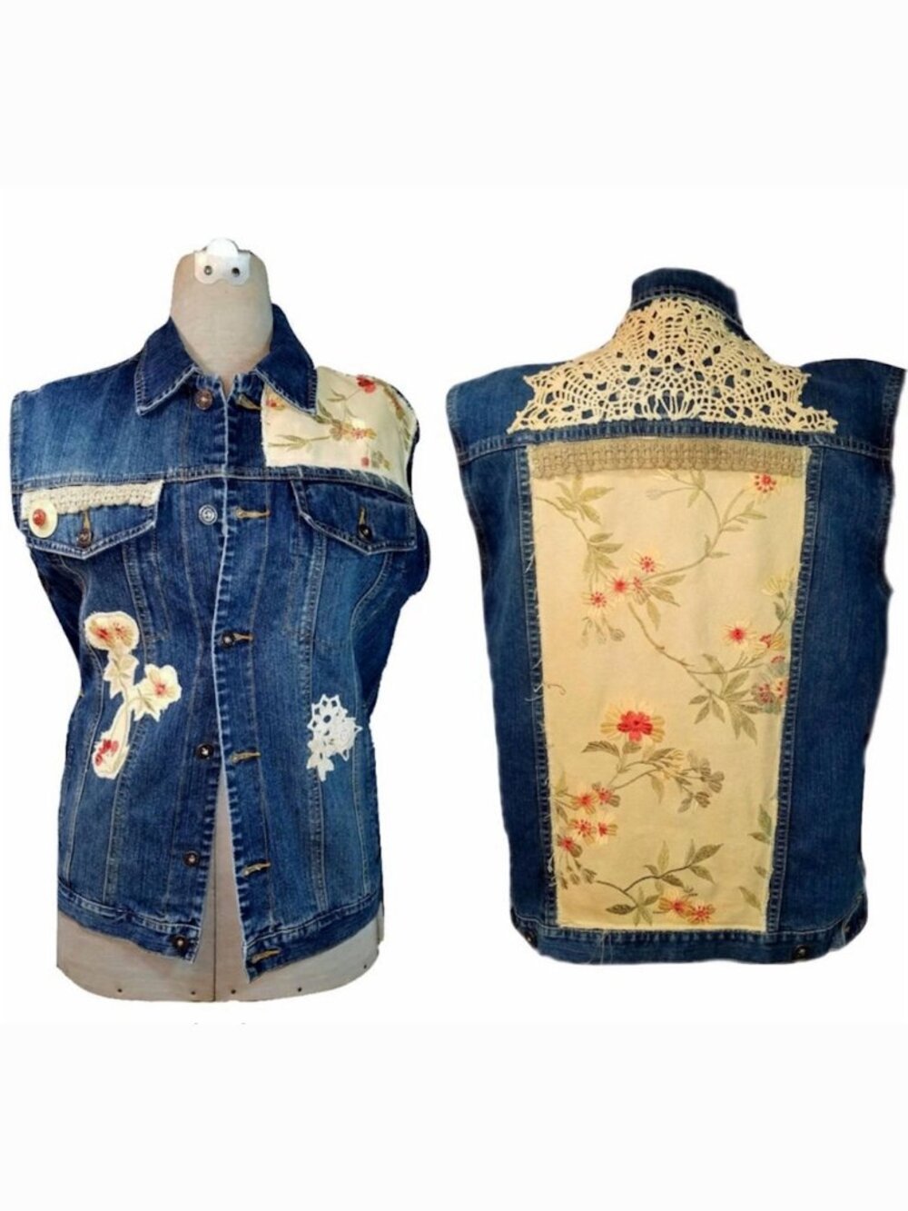 Altered OOAK Boho Gypsy Vest Denim Jean Plus Size Oversized Embroidered Tapestry